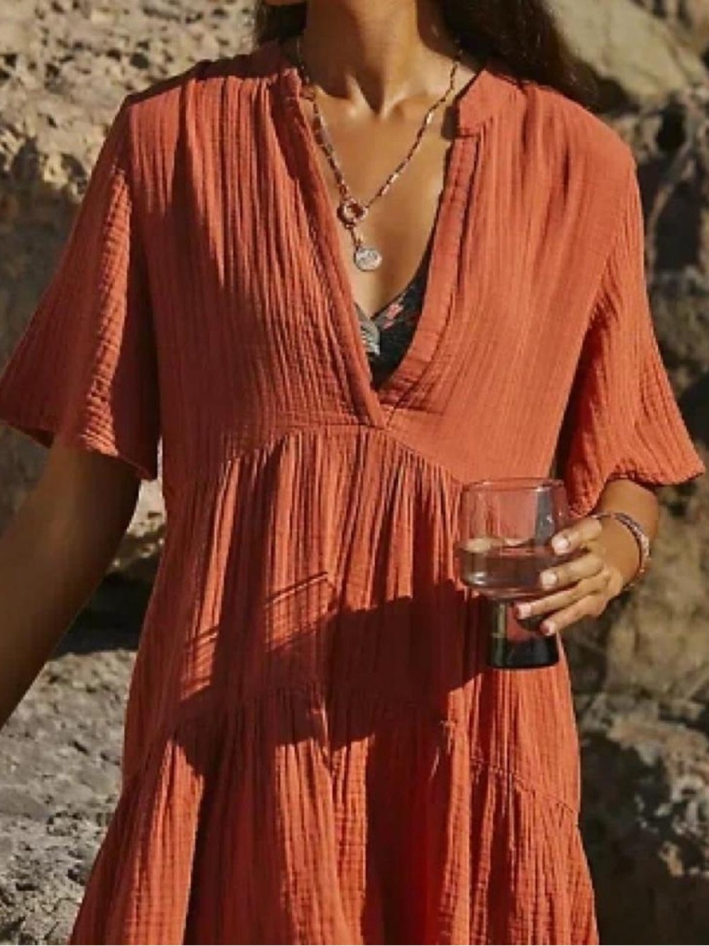 Anthropologie Kallie Gauze Tiered Tunic Dress in Terracotta Orange, size Small
